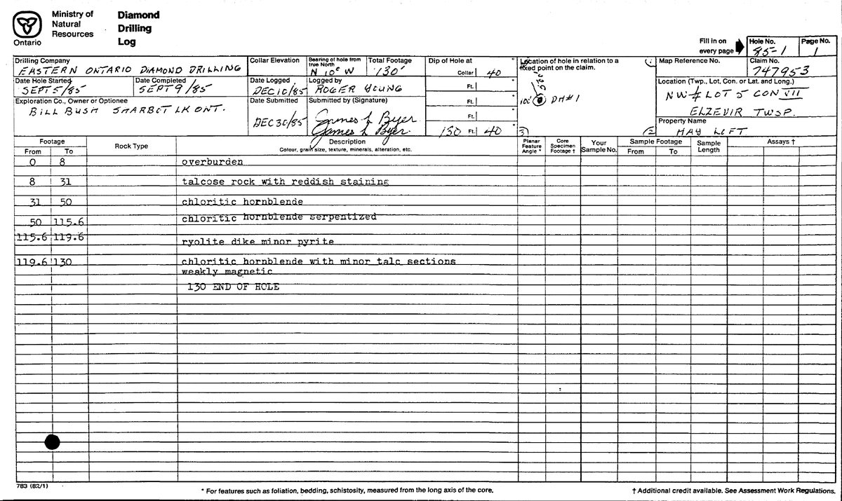 Scanned 1985 diamond drilling log — handwritten hole details and typewritten lithology descriptions on a Ministry form